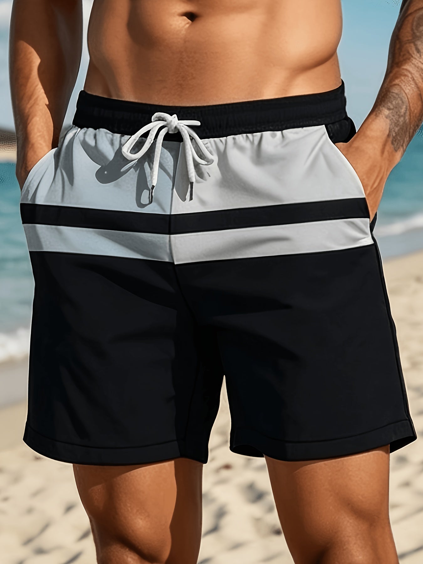 Men's Lightweight Polyester Beach Shorts with Color Block Design