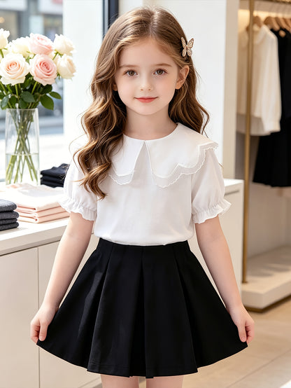 Girls' Summer 2-Piece Skirt Set with Lace Lapel T-Shirt