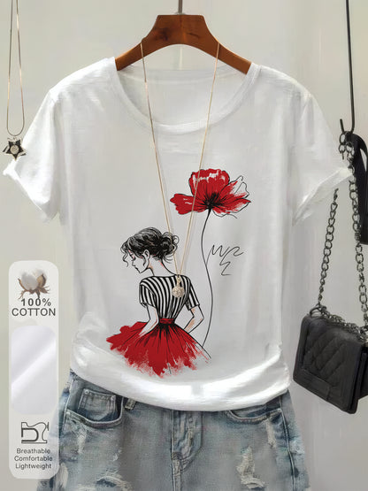 Women's Casual Cotton Graphic Print T-Shirt for Spring Summer