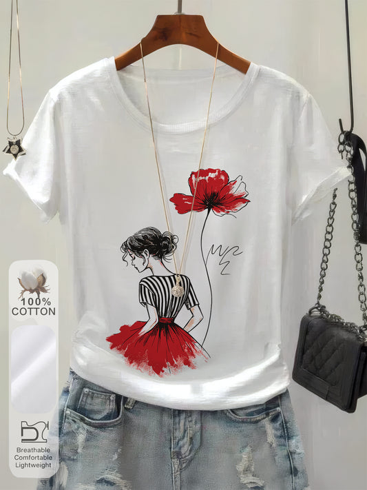 Women's Casual Cotton Graphic Print T-Shirt for Spring Summer - ayq