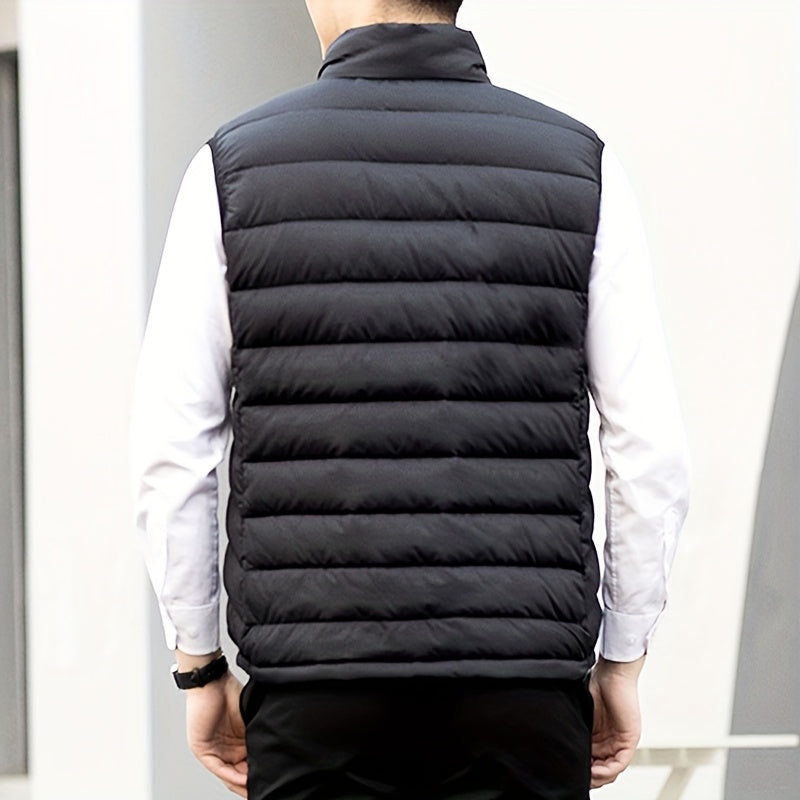 Men's Winter Sleeveless Warm Vest Jacket, Casual Fashion Zippered Multi-Pocket Solid Color Stand Collar Black Thermal Gilet for Autumn/Winter Outdoor Leisure Sports Hiking Lightweight Waistcoat Coat