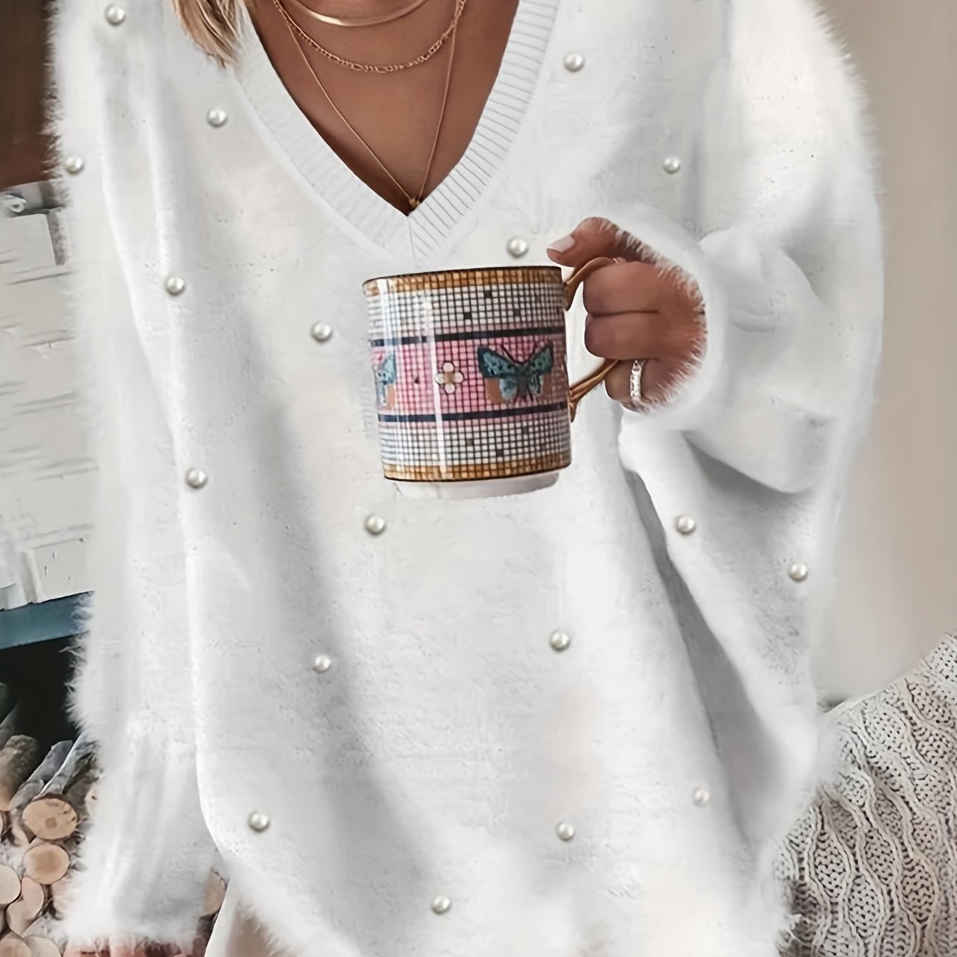 Plus Size - Women'S Cozy Yellow V-Neck Sweater with Pearl Buttons & Fleece-Lined Cuffs - Asymmetrical Hem, Geometric Pattern, Casual Winter Pullover for Casual Attire, Winter Apparel | Vneck Sweater | Pearl Button Details, Sw