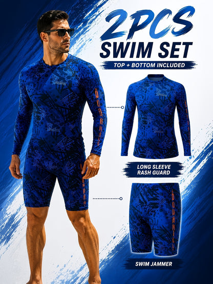 Men's Athletic 2-Piece Long-Sleeve Swimwear Set with Geometric Design