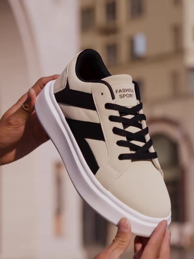 Men's Casual Athletic Sneakers - Comfortable Low-Top Lace-Up Shoes with Geometric Design, Black  Beige, EVA Sole, Microfiber Upper for Casual Attire and Sports