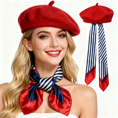 Women’s Autumn Winter Beret Hat and Scarf Set with Bow