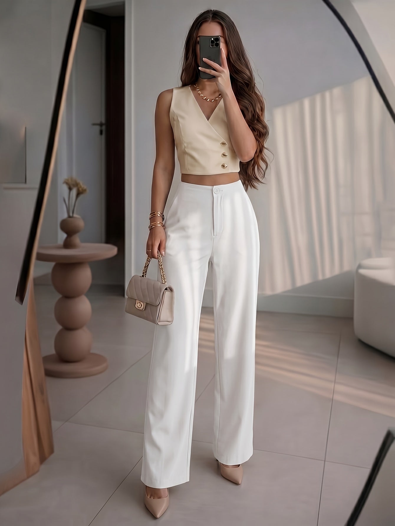Petite High-Waisted Wide Leg Pants - Chic Draped Straight Trousers