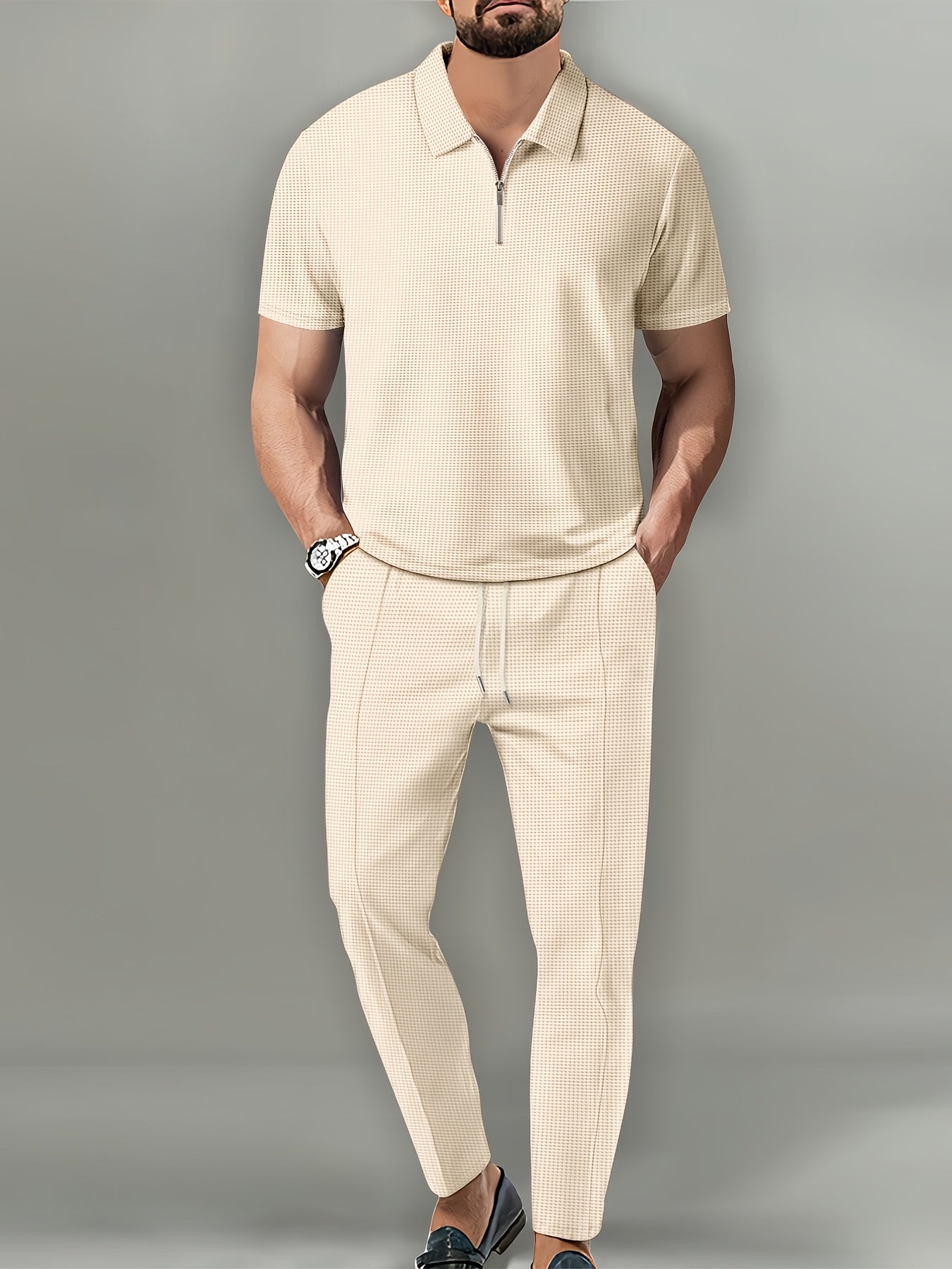 Men's Waffle Knit Quarter-Zip Polo & Drawstring Pants Set