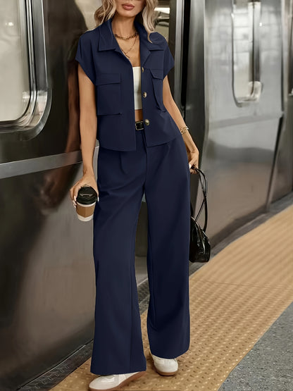 Women's Casual Solid Color Shirt and Pants 2pcs Set, Spring Summer 2pcs Set: Solid Color Button-Up Short Sleeve Top and Pocket Pants, Women's Casual Elegant Spring Summer 2pcs Outfit, Women's Outing and Date Wear, Spring Summ