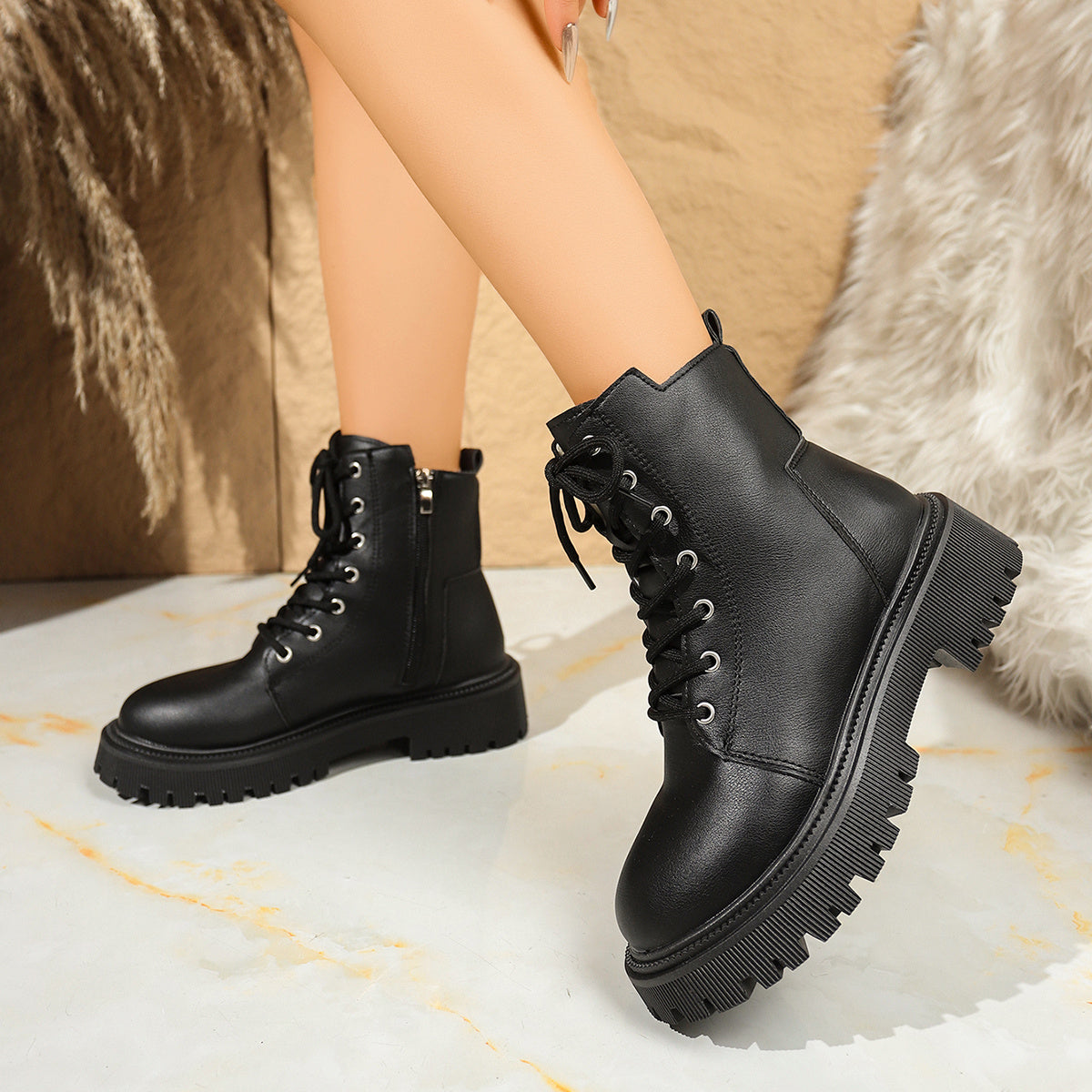 Women's Japanese-Inspired Winter Boots with Plush Faux Collar & Synthetic Upper - Chunky Rubber Sole Round Toe Ankle Boots, Black & White for Cold Weather, Casual & Formal Wear (Snow/City/Office) - Easy-Clean Synthetic, Boots