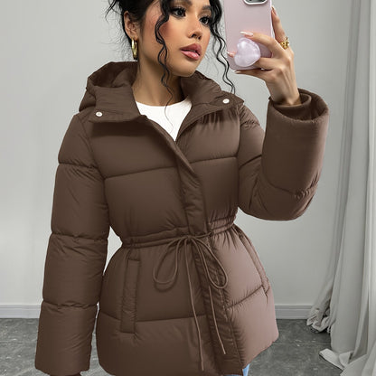 Women'S Elegant Black Puffer Jacket - Mid-Length Loose Fit with Adjustable Drawstring Waist, Long Sleeves, and Front Zipper, Casual Winter Outerwear for Cold Weather, Winter Jacket