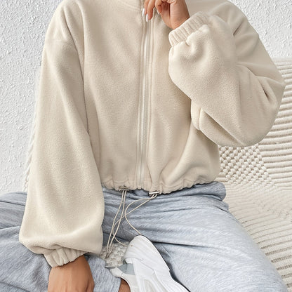 Women'S Casual Zippered Front Drawstring Hem Jacket - High-Neck Long Sleeve with Pockets, All-Season Comfort, Machine Washable, Versatile for Casual Attire, Casual Wear Jacket | Highneck Jacket | Zippered Jacket