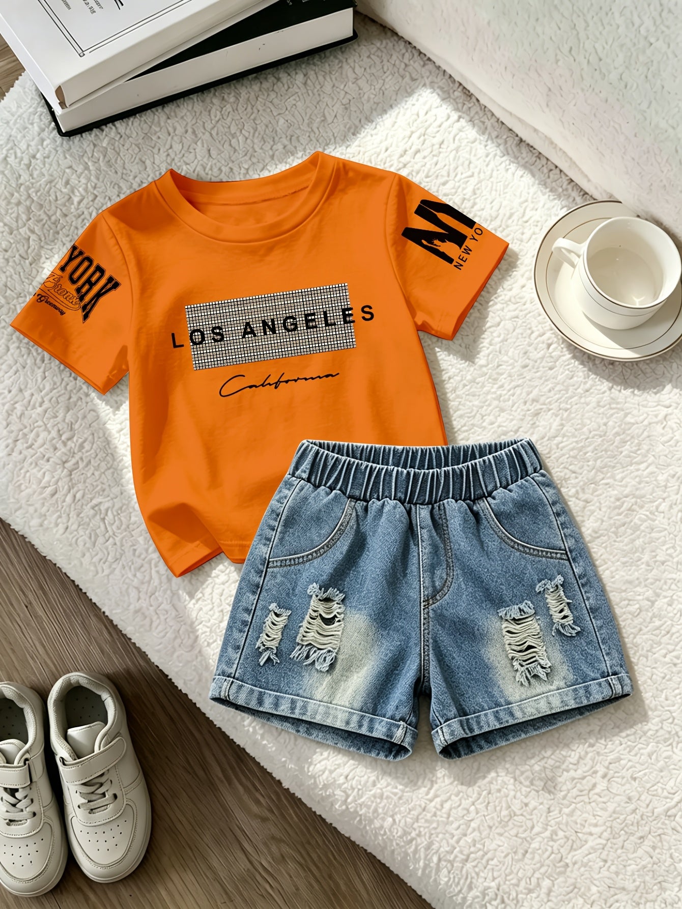 Summer Boys Los Angeles Print T-Shirt & Distressed Shorts Set