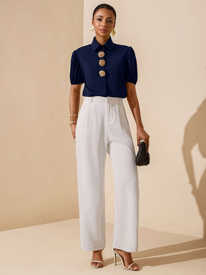 Women's Elegant Solid Color Puff Sleeve Shirt with Metal Buttons