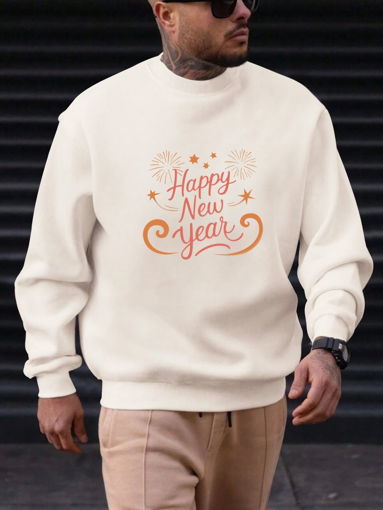Men'S Happy New Year Sweatshirt - Light Grey with Orange Lettering - Regular Fit Crewneck Pullover for New Year'S Eve, NYE Parties & Casual Attire - Non-Permanent Celebration Sweater for Everyday & Special Occasions, New Year
