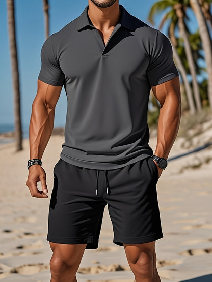 Men'S Casual Short Sleeve T-Shirt - Solid Black, Regular Fit, Button-Up Collar, Lightweight Polyester Blend for Spring & Summer, Spring Summer Apparel | Classic Collar Tee | Glossy Texture