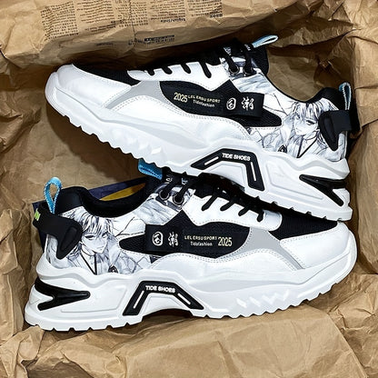 Men's Stylish Platform Sneakers with Wave Pattern - Comfortable, Non-Slip  Durable for Outdoor, Campus Walks  Travel   Lace-Up, Breathable Design, for Autumn, Spring