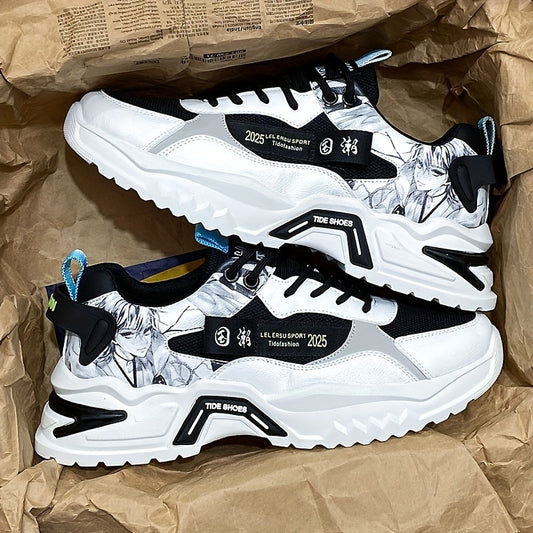 Men's Stylish Platform Sneakers with Wave Pattern - Comfortable, Non-Slip  Durable for Outdoor, Campus Walks  Travel   Lace-Up, Breathable Design, for Autumn, Spring