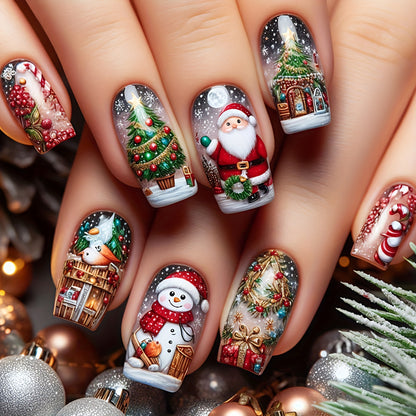Christmas 24pcs Medium-Length Glossy Red Santa Claus and White Snowman Detachable False Nails, Contrast Color Press-On Manicure Stickers for Holiday Daily Party Wear, Festive Manicure, Seasonal Nail Art, Glossy Finish, Festiv