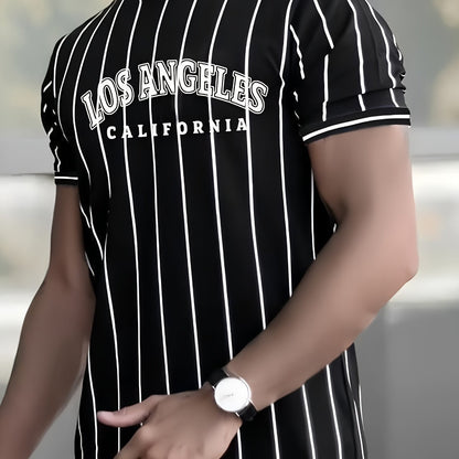 Men's Los Angeles California Graphic T-Shirt - Black  White Striped Casual Streetwear Tee, Breathable Summer Crew Neck Short Sleeve Top, Regular Fit, Everyday Streetwear   Smooth Texture Fabric