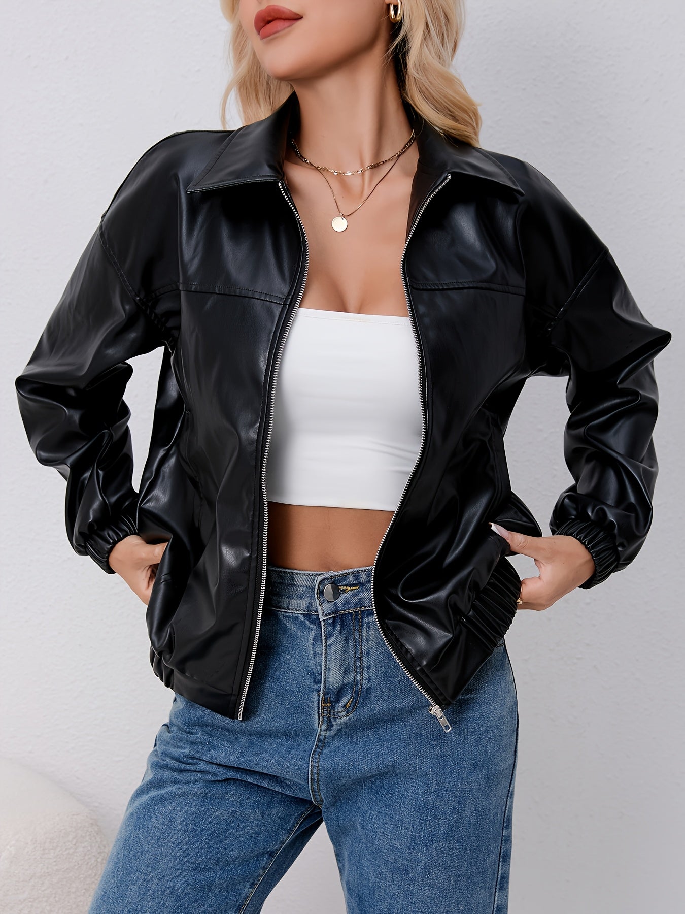 Women's Soft Stretch Polyester Casual Jacket - Relaxed Fit Long Sleeve Zipper Front with Pockets, Machine Washable Spring/Fall Outerwear for Casual Attire