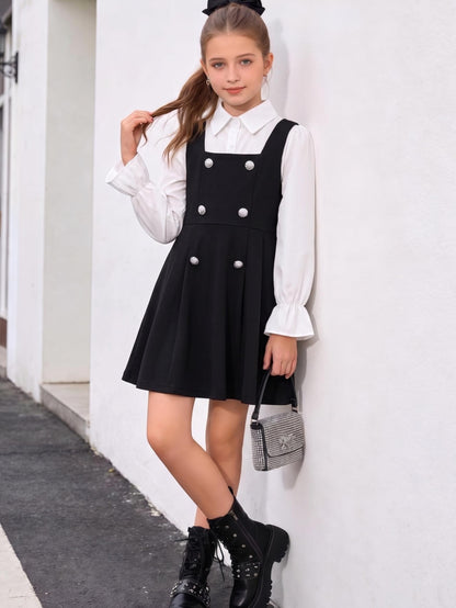 Girls A-Line Midi Dress with Ruffled Cuffs & Collared Shirt Style