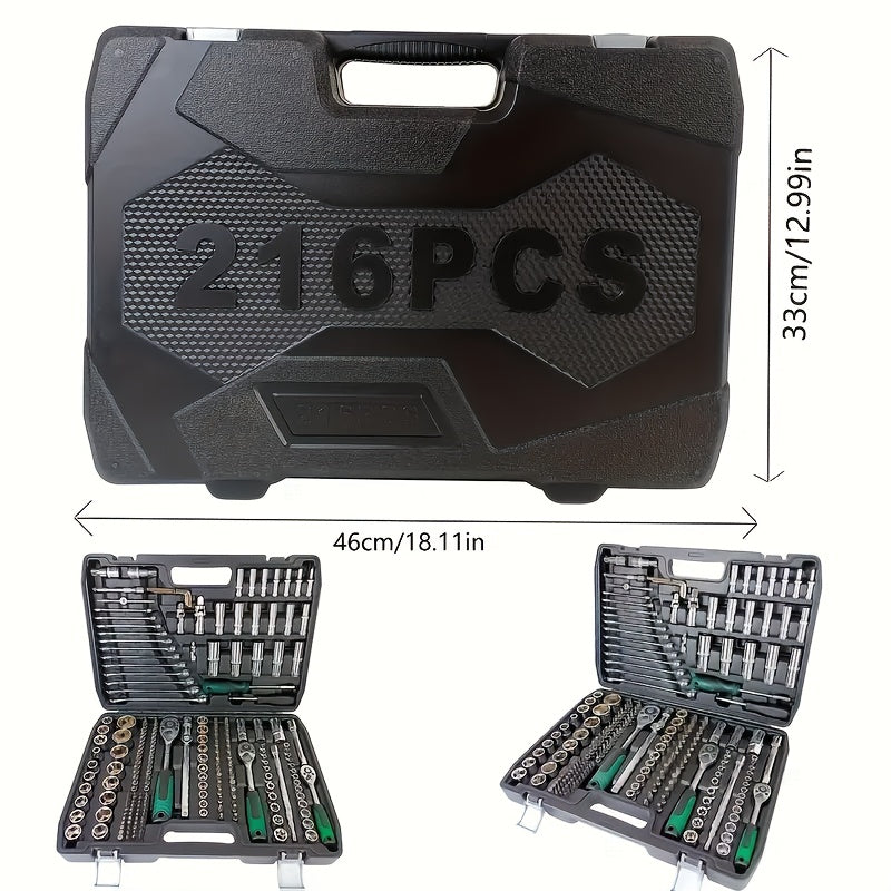46/216pcs Dual-Use Automotive Repair Tool Set | Universally Applicable for Home and Outdoor, Steel Construction, 1/2*1/4*3/8" Drive Depths, Standard Sockets, Professional Racing-Grade Quick-Change