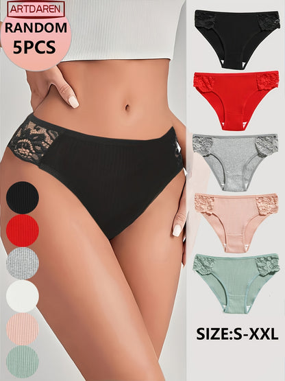 5-Pack Women's Cotton Briefs with Lace Contrast, Breathable Comfort