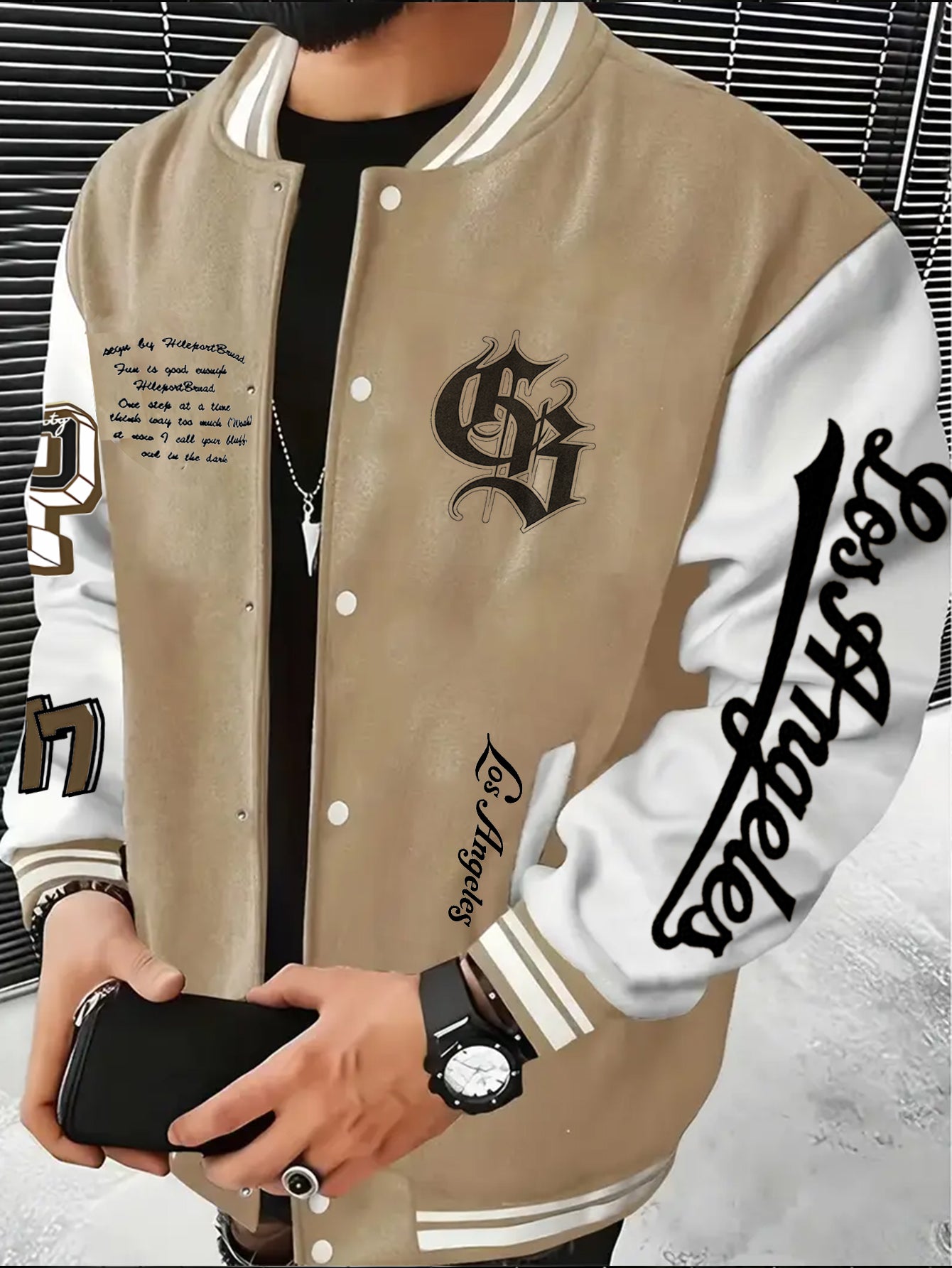 Men's Los Angeles Logo & Greek Letter Jacket - Oversized Loose Fit Baseball Collar Button-Front Coat with Number 27 Back Print, All-Season Casual Sportswear (Hand Washable) - -Themed Outerwear for Fans