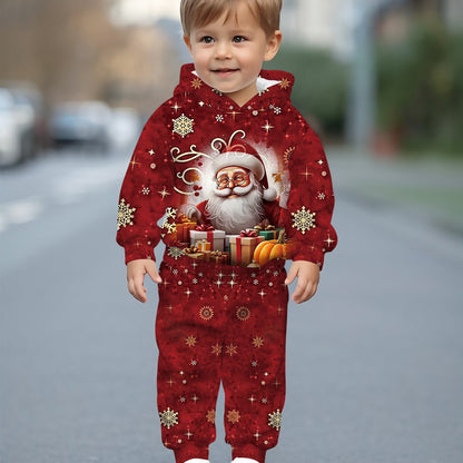 2pcs Boys' Santa Claus & Gifts Print Hooded Sweatsuit Set - Warm Winter Outfit with Matching  & Sweatpants, Cozy Christmas Outwear for Boys, Machine Washable Clothing Gift (Autumn/Winter), Perfect for Outdoor