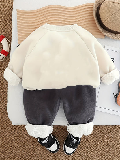 Baby Boys' Winter Warmth Fleece-Lined Sweatshirt & Pants Set - Soft & Brown Round Neck Outfit with Cuffs, Machine Washable Toddler Clothes for Autumn/Winter, Cozy Casual Playwear for Cold Weather, for Outdoor, Thick