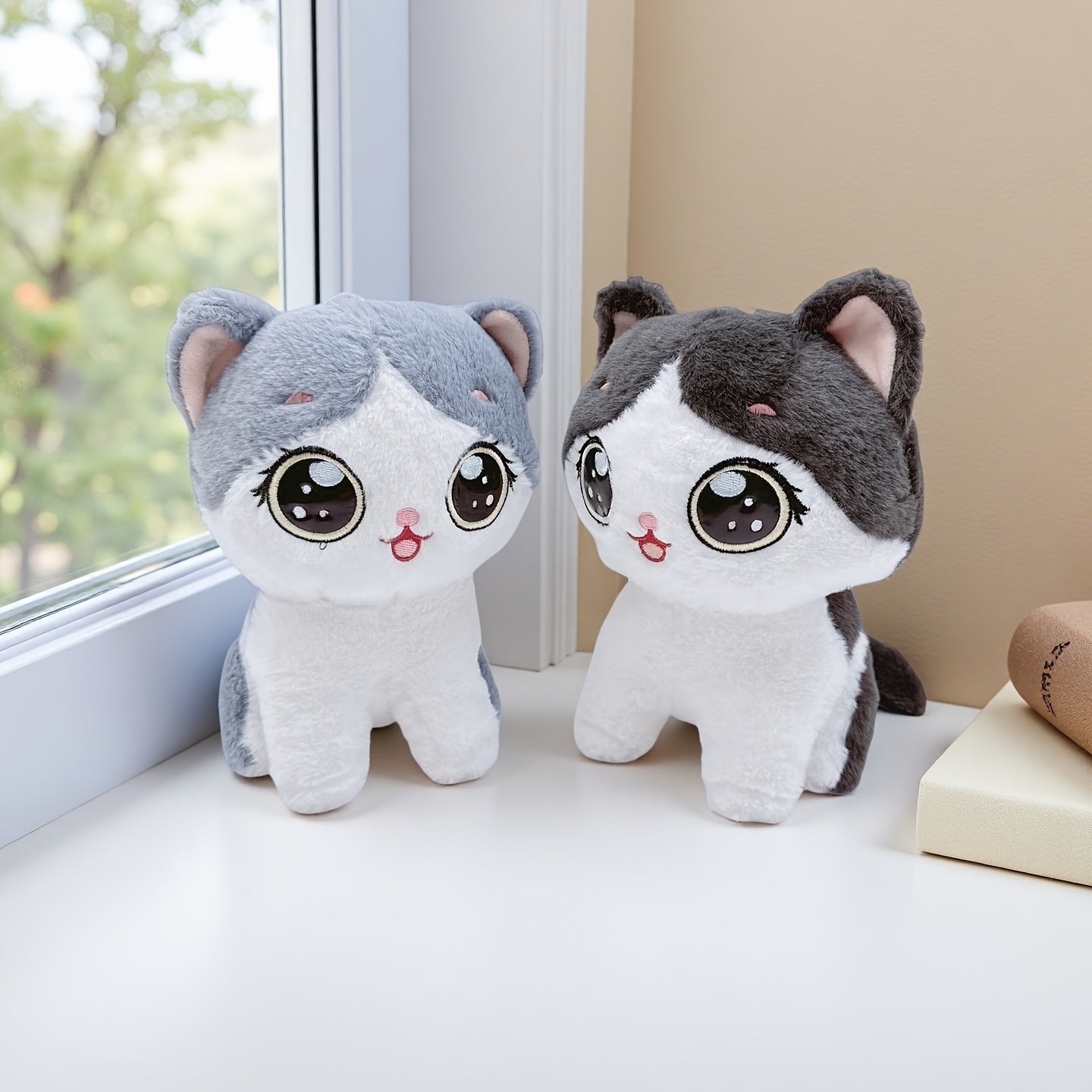 Adorable Kawaii Cat Plush Toy - Soft, Fluffy Stuffed Animal in Gray/Black - Perfect for Home & Sofa Decor, Ideal Birthday or Holiday Gift