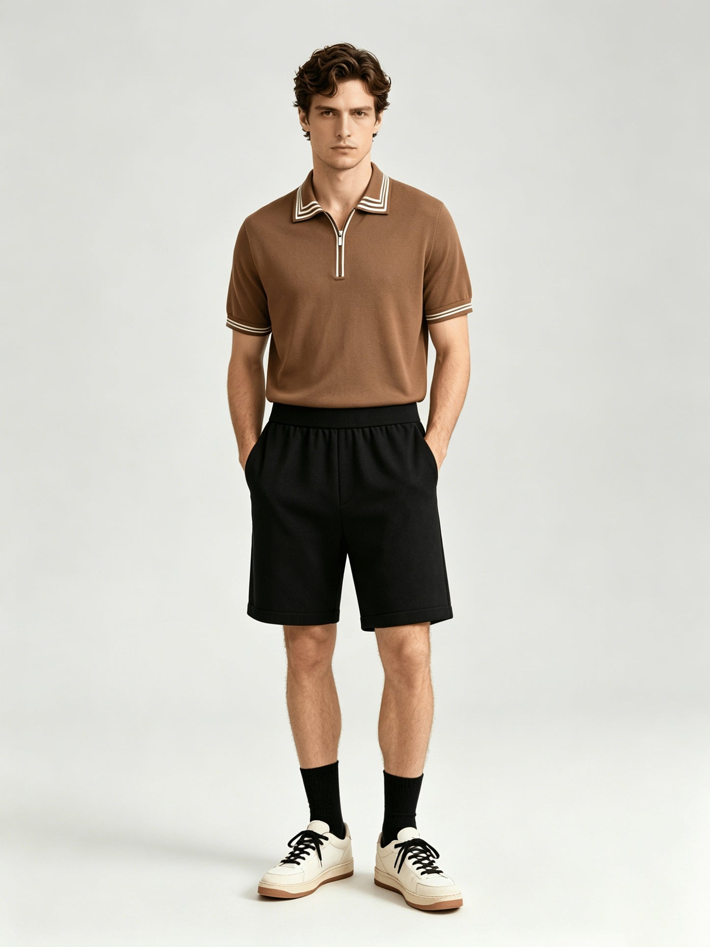 Men's Casual Striped Knit Polo & Lightweight Shorts Set