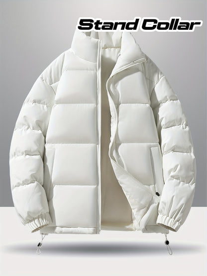 Men'S 2025 New Casual Jacket - Black, Stand Collar, Zip-Up, Long Sleeve, Polyester Filled, Winter Coat with Adjustable Drawstring Hood