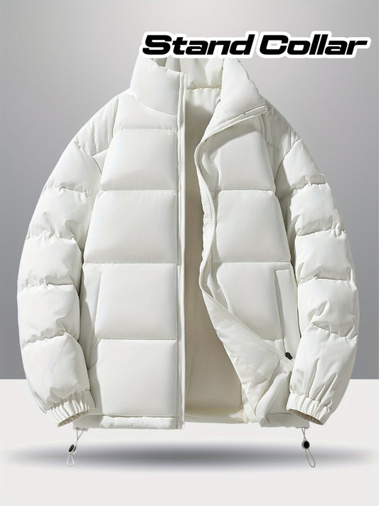 Men'S 2025 New Casual Jacket - Black, Stand Collar, Zip-Up, Long Sleeve, Polyester Filled, Winter Coat with Adjustable Drawstring Hood