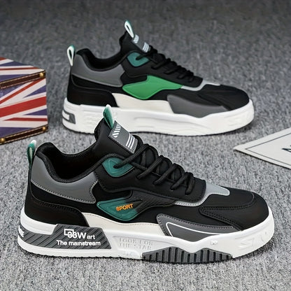 Men's Low-Top Skate Sneakers - Black with Teal Accents, PU Upper  PVC Sole, Slip-Resistant Comfortable Lace-Up Shoes for Urban Streetwear, Outdoor Sports, All-Season Casual Wear, Skate Shoes, Modern Street Style, Durable Fab