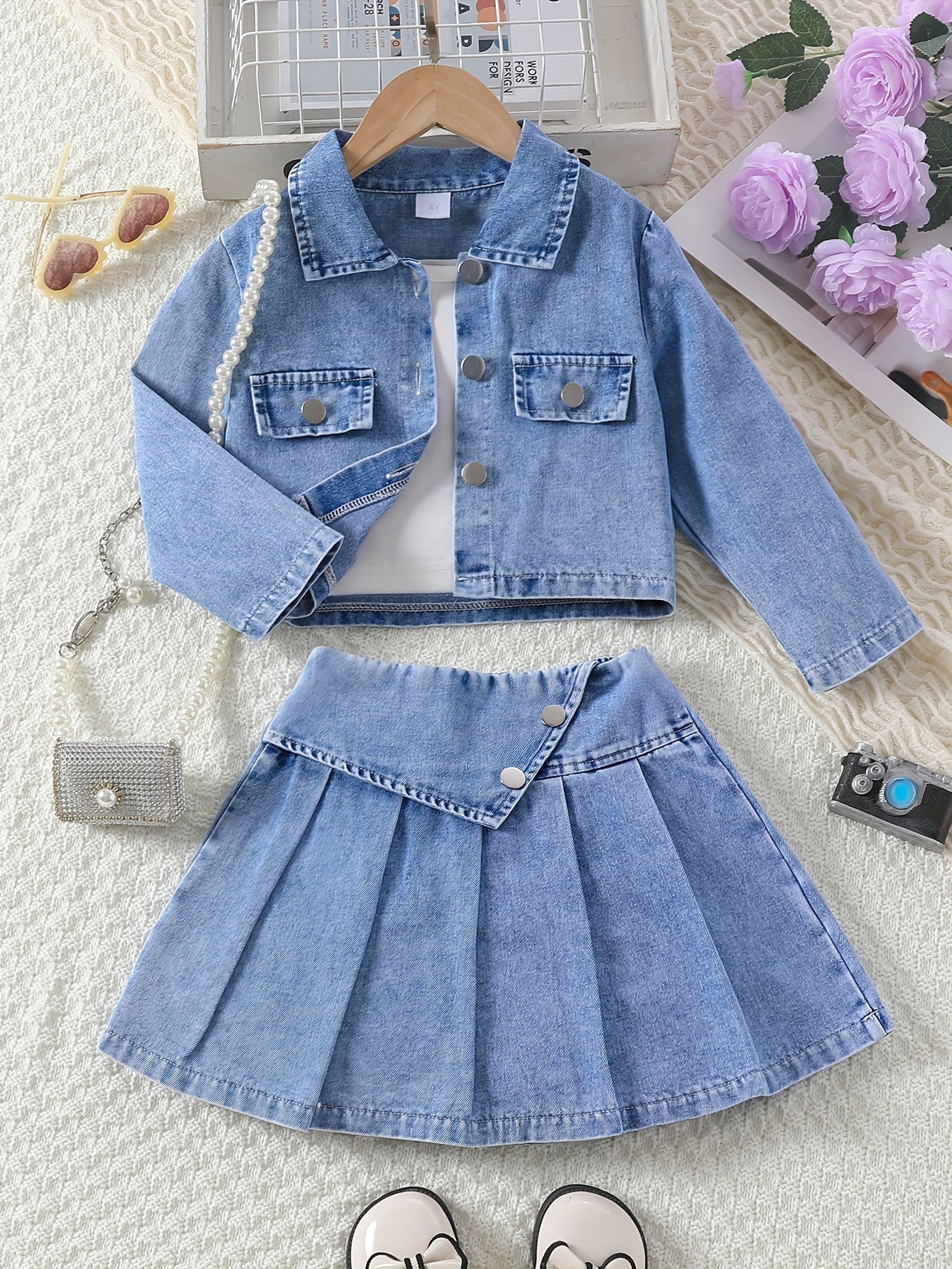 Girls' 3-Piece Denim Jacket, Tank Top & Pleated Skirt Set