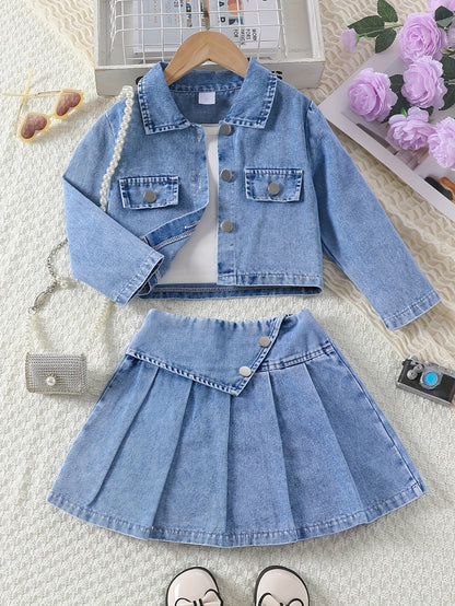 Girls' 3-Piece Denim Jacket, Tank Top & Pleated Skirt Set