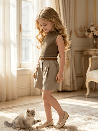 Girls' Summer Two-Piece Ribbed Vest & High-Waisted Shorts Set