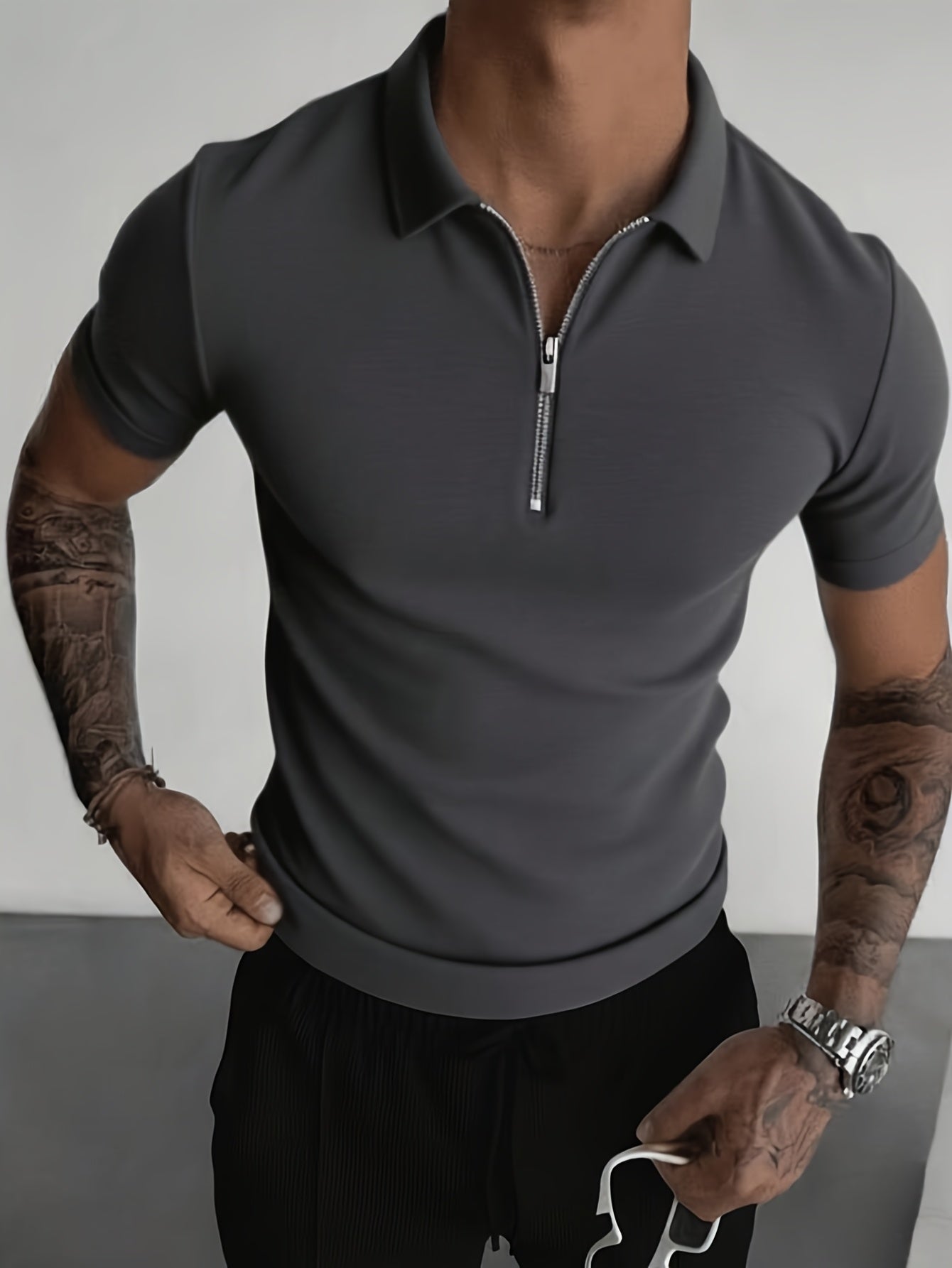 Men's Slim-Fit Zip Shirt with Short Sleeves, Featuring a Minimalist and Trendy Style. Designed with a Half-zip Collar, It Is Made of Soft, Skin-friendly Stretch Fabric That Is Breathable and Sweat-wicking. The Form-fitting De - ayq