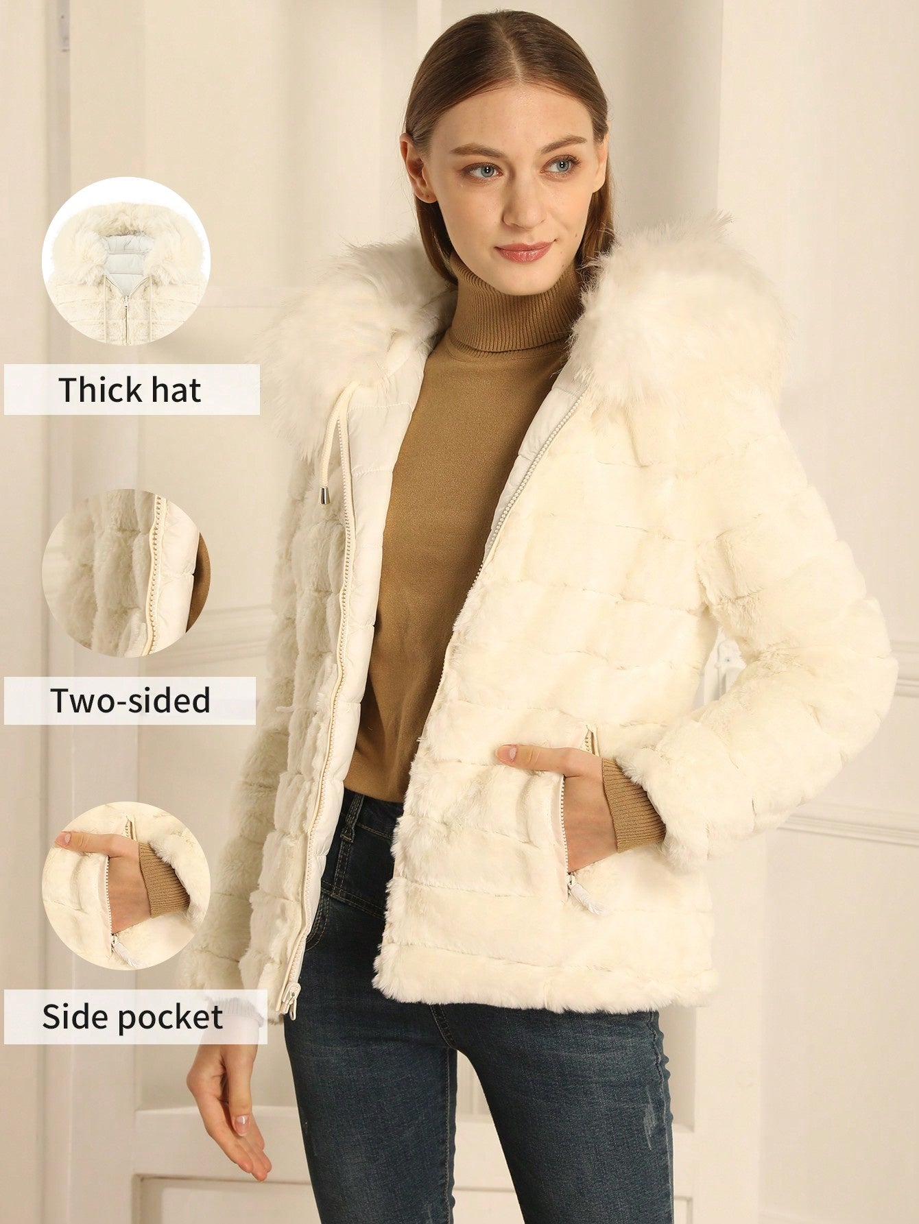 Women'S Heavyweight Winter Coat - Dual-Sided Reversible Jacket with Full-Zip Front, Hooded Collar, Two-Way Zipper Closure - Warm Outerwear for Cold Weather, Office, Travel - Elegant Brown Coat (Size & Wash Label in Pocket), L