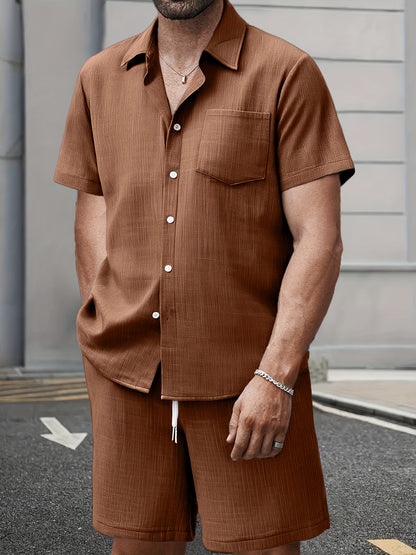 Men's Summer Casual Solid Color Shirt and Shorts Set