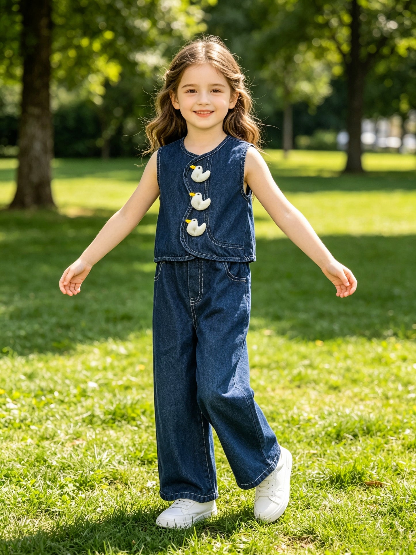 Girls Cute Sleeveless Denim Vest & Loose Straight Leg Jeans Set