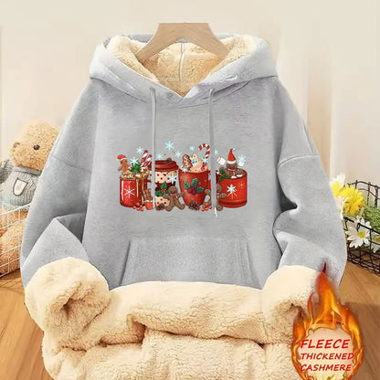 1pc Women's Thick-Lined Hooded Sweatshirt with Gingerbread for Man in Santa Hat & Candy Cane Print - Cozy Plush Lined, Soft Polyester Warm Pullover for Fall/Winter, Machine Washable Casual Outerwear, Cold Weather Wear, Minima