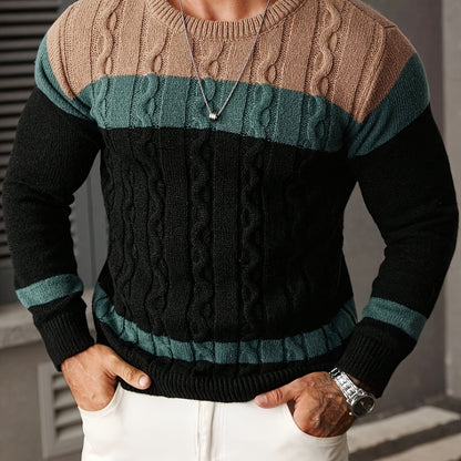 Men's Color-blocked Tweed Knitted Sweater, Round-neck Long-sleeved Knitted Color-blocked Light Gray for Business and Casual Outings