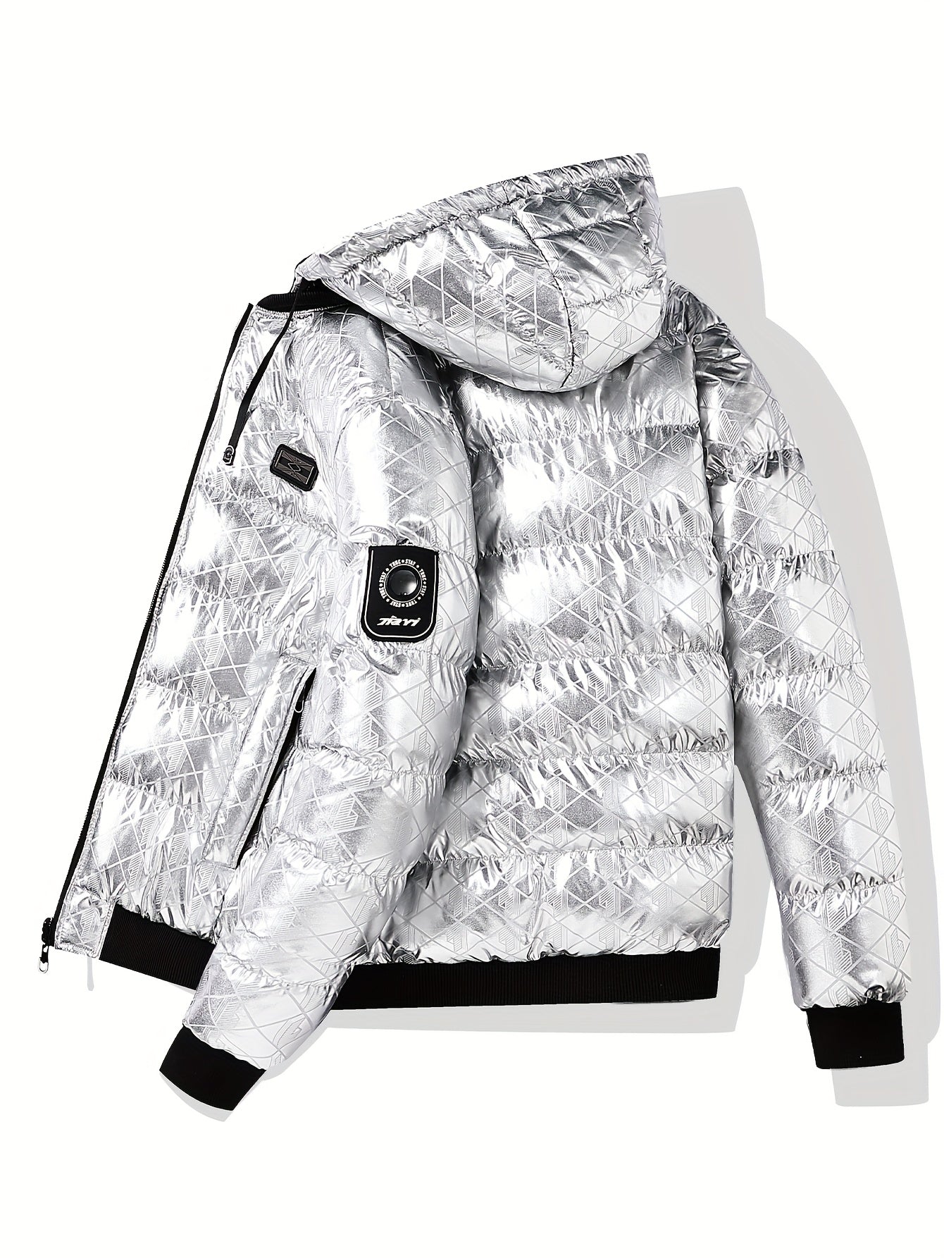 Men'S Stylish Hooded Winter Jacket - Thickened, Warm, and Trendy with Geometric Pattern, Black with Orange Accents, Polyester Filler, Perfect for Cold Weather, Winter Jacket Hooded