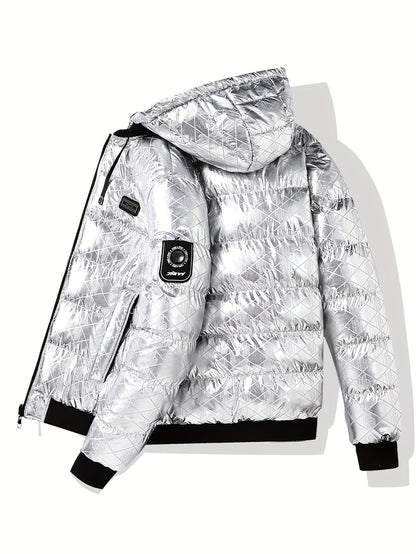 Men'S Stylish Hooded Winter Jacket - Thickened, Warm, and Trendy with Geometric Pattern, Black with Orange Accents, Polyester Filler, Perfect for Cold Weather, Winter Jacket Hooded