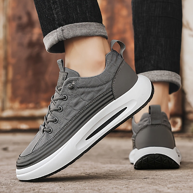 Men's Breathable Casual Sneakers - 2025 Spring New Design, Low-Top Elastic Lace-Up, Grey  White PU Upper with Cushioned EVA Insole  Durable PVC Sole for All-Season Outdoor Running, Gym, Daily Wear, Gym Shoes, Sleek Sporty D