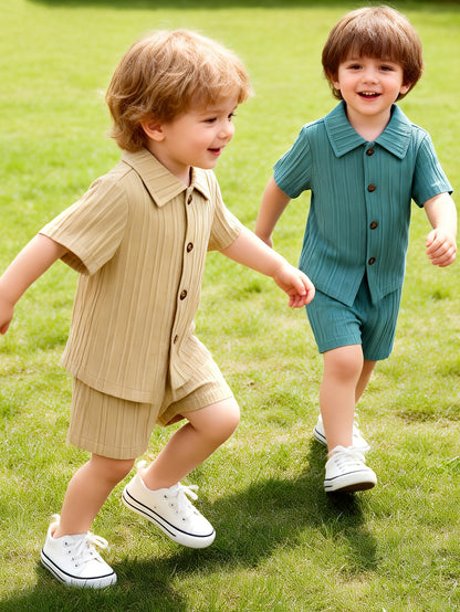 Boys' Summer Shorts Set with Short-Sleeve Shirts & Khaki Cardigan