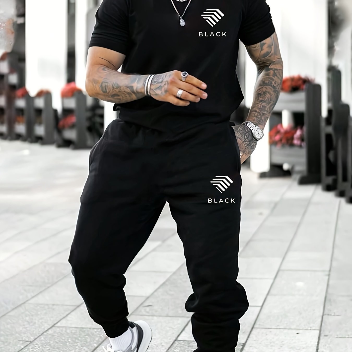 Men's casual crew-neck T-shirt, tight-legged trousers black suit, micro-elastic fabric, classic conventional