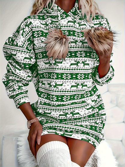 Women'S Christmas Deer & Snowflake Print Hooded Sweater Dress - Long Sleeve Winter Warmth, Red & Holiday Party Outfit with Pompom Sleeves
